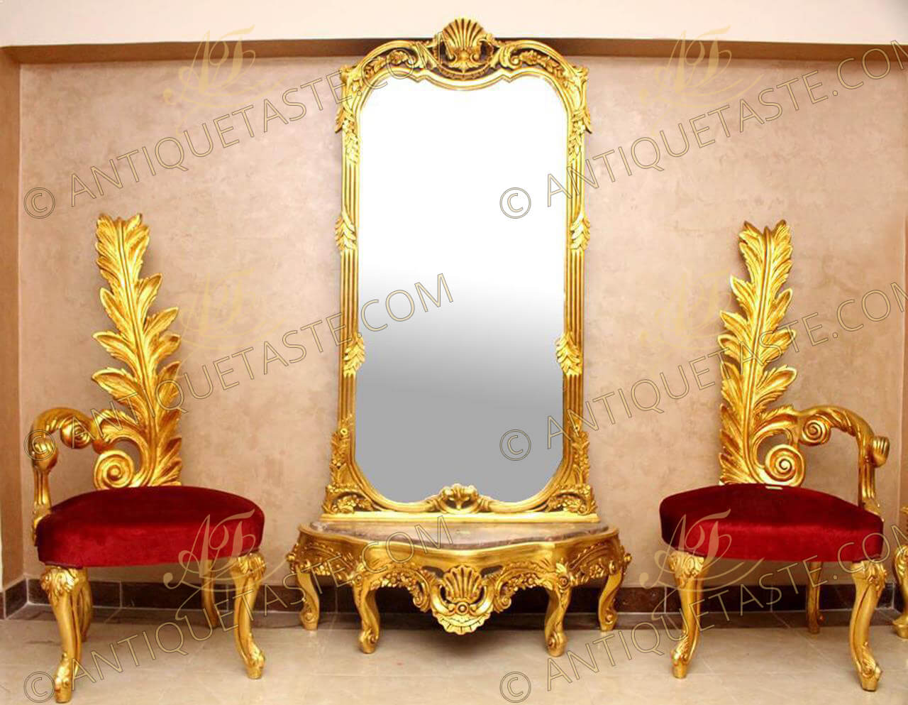 A magnificent French mid 19th century Louis XV style exuberantly carved and 18th K French gold foils gilded entryway console and mirror, The console short table is raised on four scrolled cabriole legs surmounted by scalloped and pierced convex frieze centered by a pierced reserves of seashell amidst C scrolls, blossoming flowers berried foliate continues to the convex sides as well, All below the molded edge fitted marble top harmonized with the frieze shaped border, The gilt wood mirror is also adorned with carvings of pierced C scrolled acanthus leaves and foliates at each side and corner, The large C scrolls and blossoming swaging garland and magnificent pierced sea shells are cresting the wonderful top crown